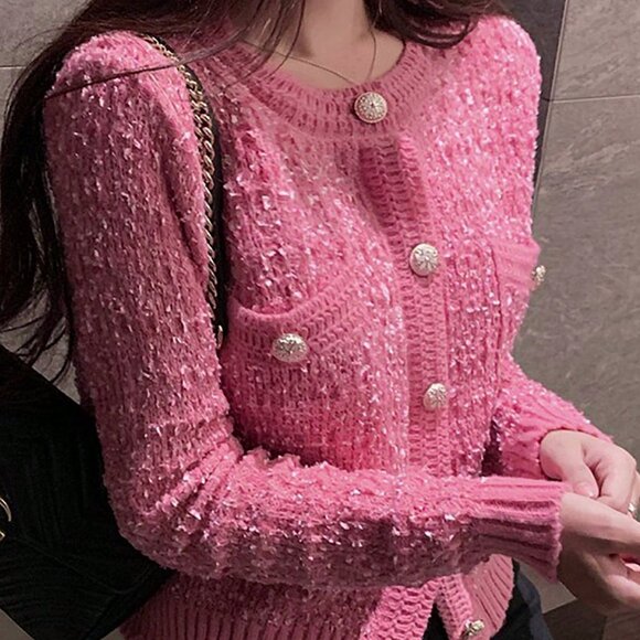 Pink Casual Women's Double Pocket Crew Neck Cardigan Tops - Picture 4 of 5